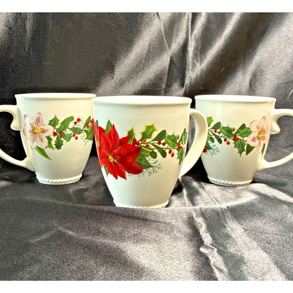 Princess House Marbella Holiday Elegance Mugs Christmas Poinsettia Set/ 3 No Box